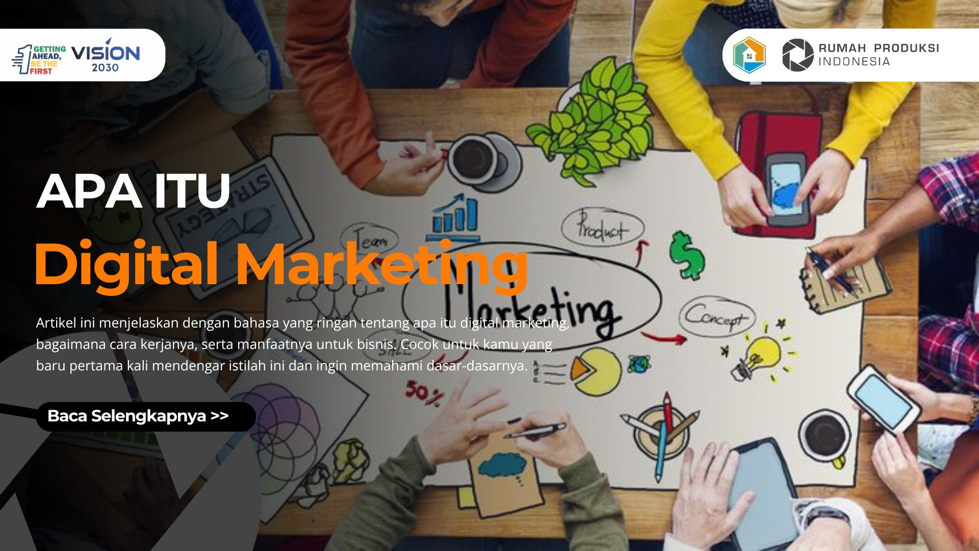 Ilustrasi konsep digital marketing dengan ikon media sosial, grafik, dan perangkat digital