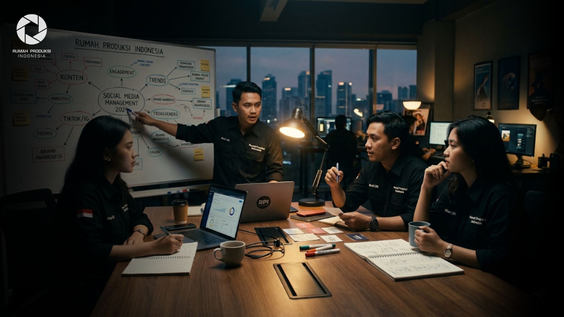 Tim creative agency profesional sedang melakukan brainstorming strategi social media management untuk meningkatkan branding bisnis