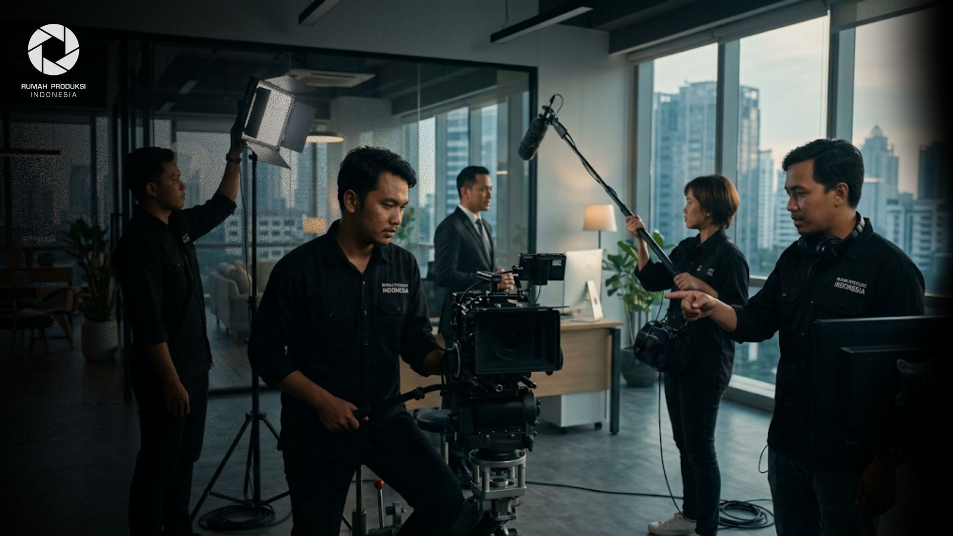 Tim profesional sedang melakukan proses produksi video company profile perusahaan modern untuk menarik perhatian investor