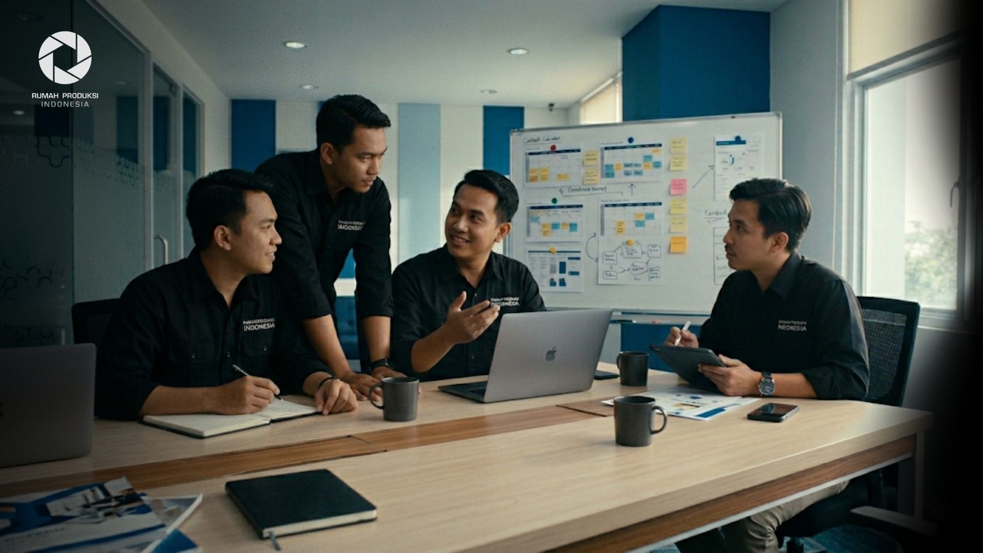 Tim Rumah Produksi Indonesia sedang mengelola strategi sosial media manajemen bisnis profesional