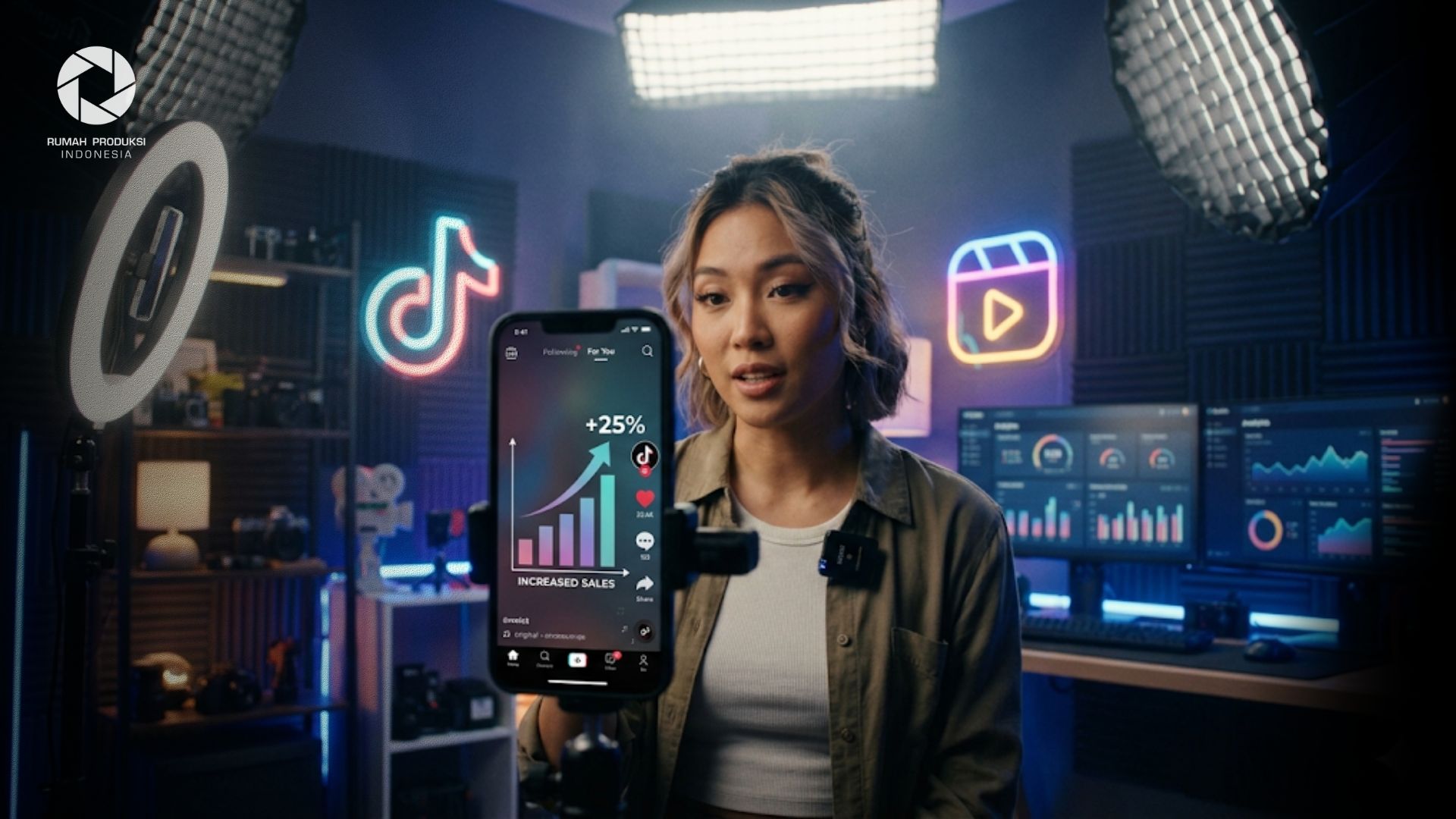 Tim kreatif sedang membuat konten video pendek media sosial untuk meningkatkan penjualan bisnis digital