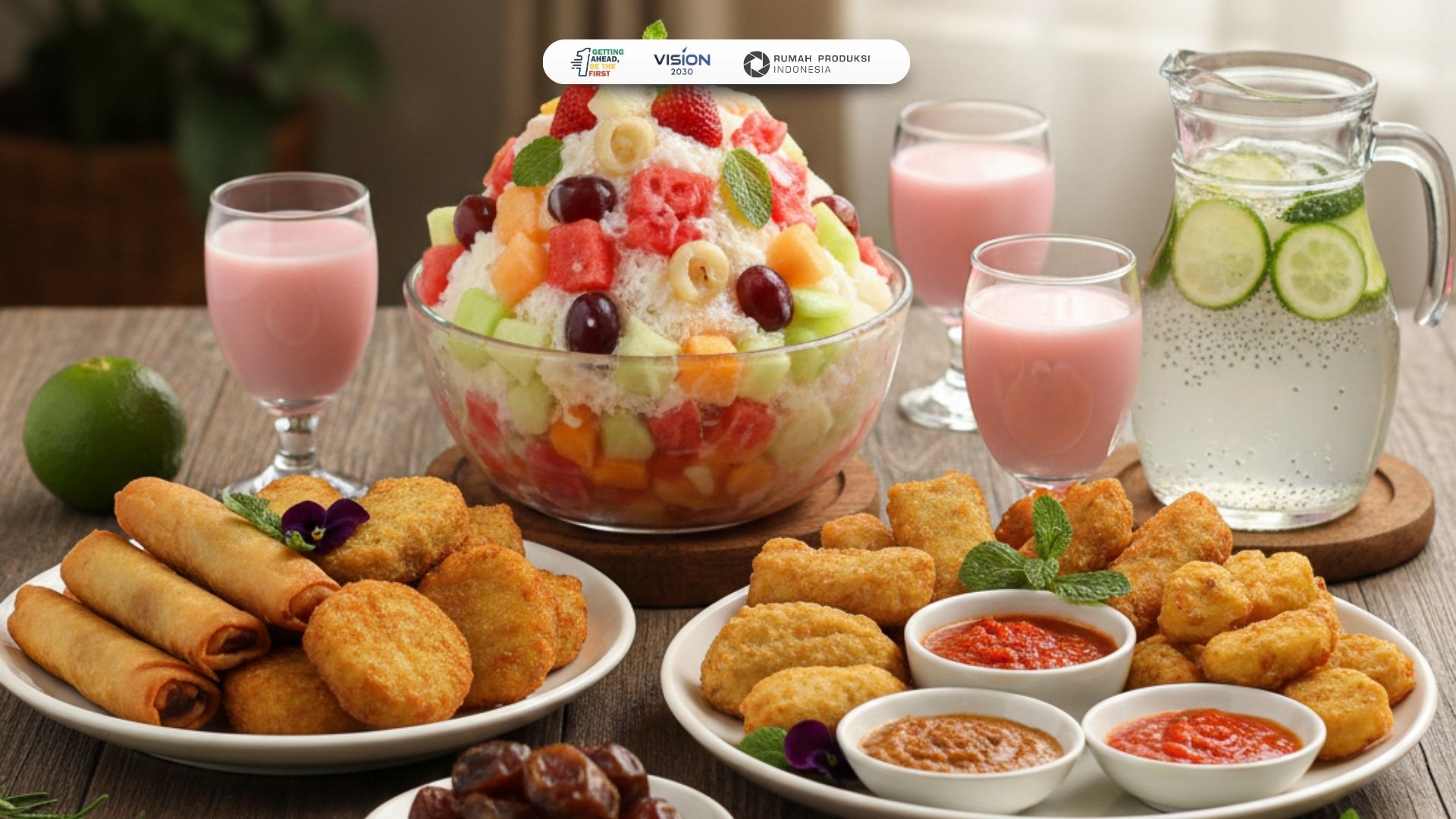 hidangan takjil ramadhan segar, es buah dalam mangkuk, dan camilan gorengan hangat di atas meja kayu.