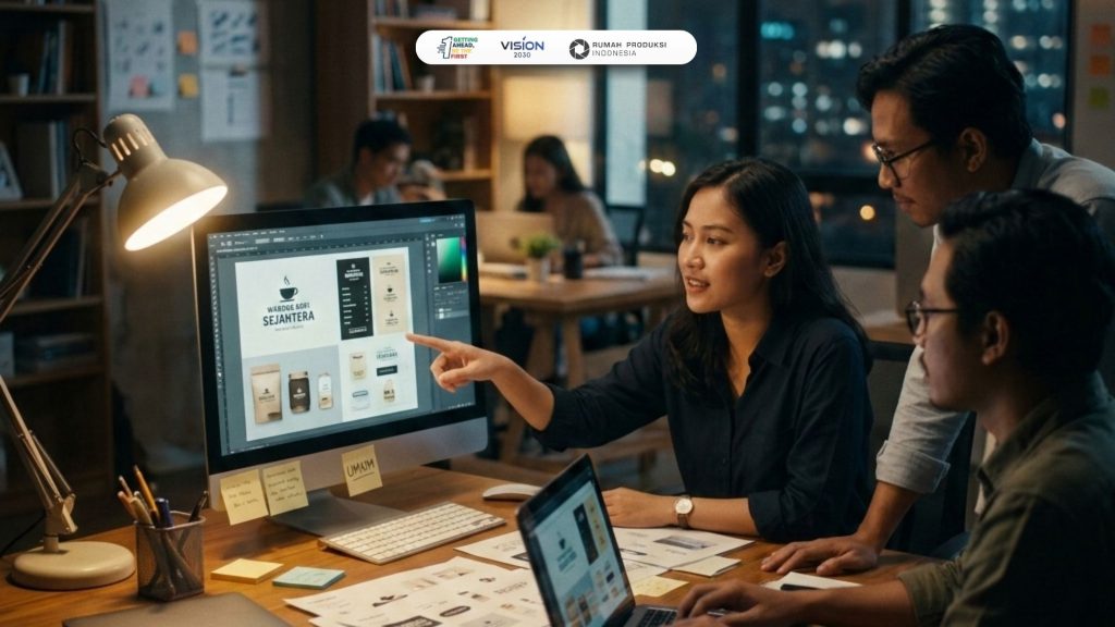 Tim layanan desain grafis profesional sedang mengerjakan branding bisnis untuk klien UMKM