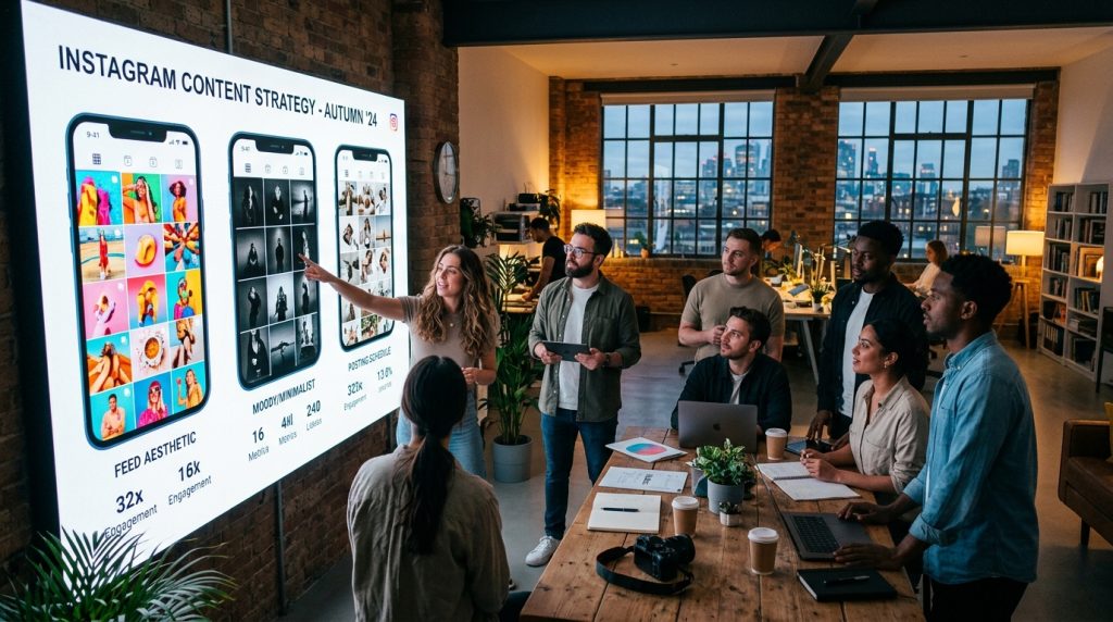 Tim kreatif sedang menyusun strategi konten visual dengan jasa kelola media sosial profesional.