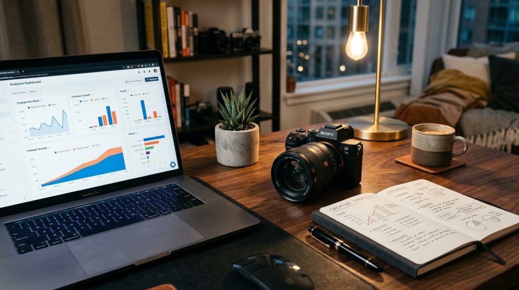 Tim kreatif sedang menyusun strategi konten visual dengan jasa kelola media sosial profesional.