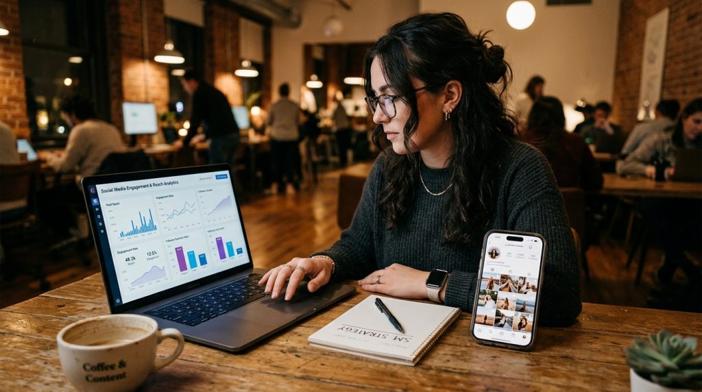 Tim kreatif sedang menyusun strategi konten visual dengan jasa kelola media sosial profesional.