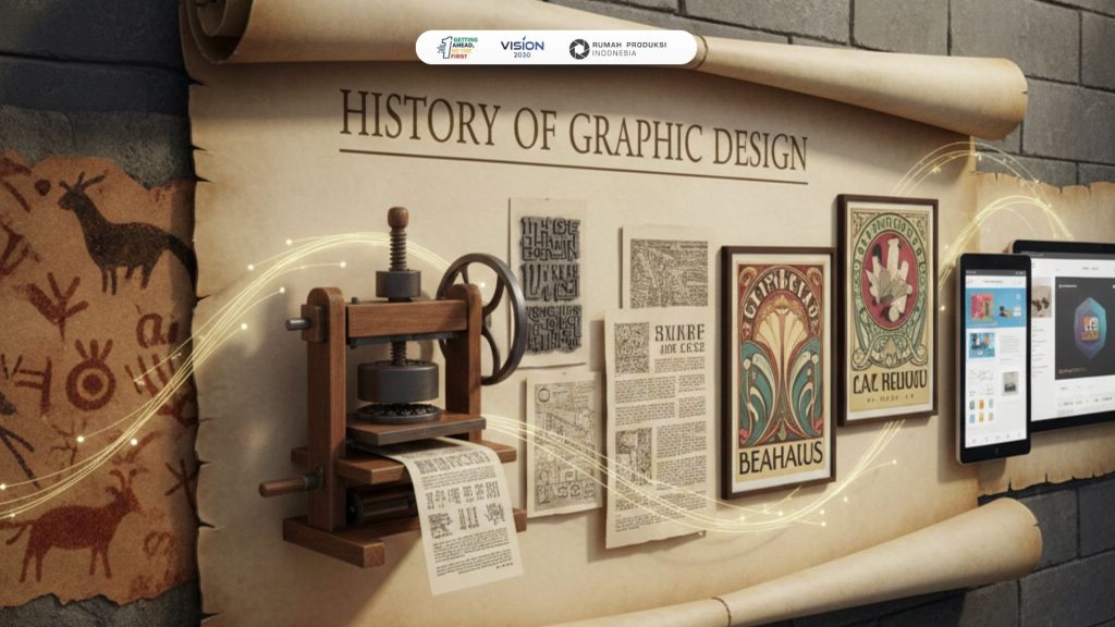 timeline sejarah design grafis dari lukisan gua prasejarah, mesin cetak Gutenberg, hingga tampilan antarmuka digital modern