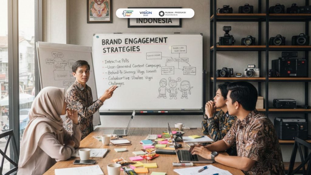 Tim social media content creator sedang melakukan brainstorming strategi konten kreatif untuk brand engagement di kantor Rumah Produksi Indonesia.