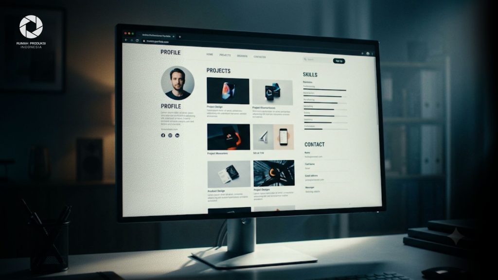 Contoh portofolio online profesional dengan desain modern yang menampilkan profil, proyek, keahlian, dan kontak dalam satu halaman website.