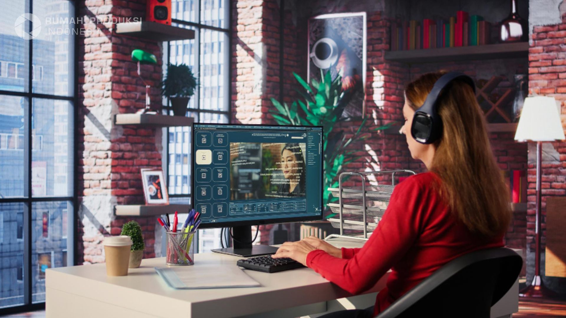 software terbaik untuk membuat motion graphic profesional dengan tampilan layar komputer penuh animasi kreatif.