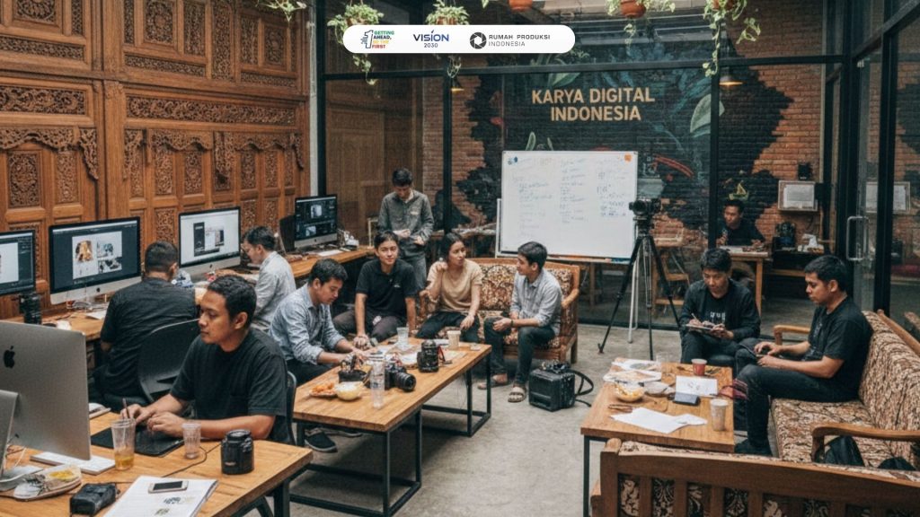 Tim digital creative agency sedang membuat konsep visual dan strategi pemasaran digital untuk UMKM