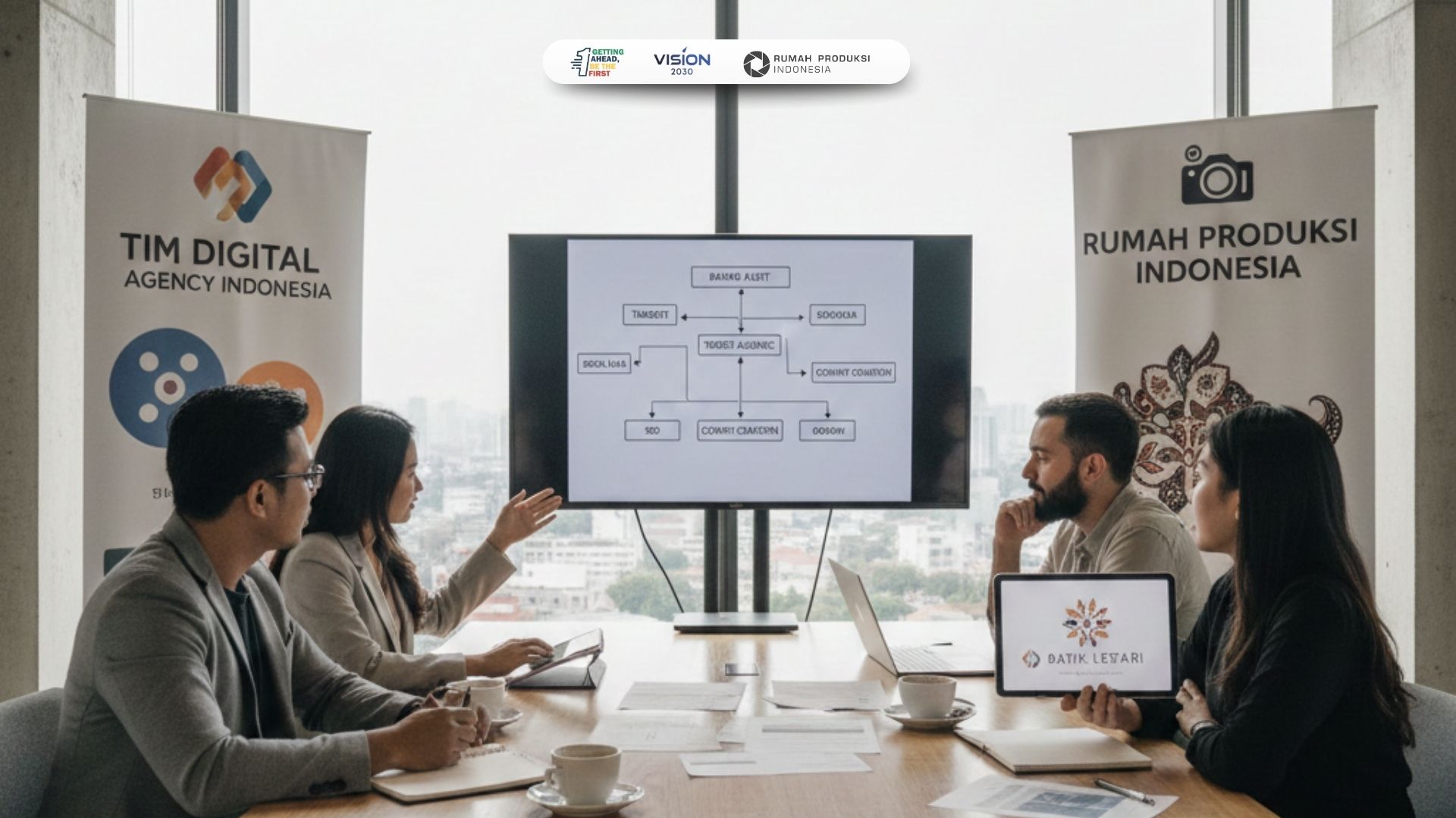 Tim digital creative agency Indonesia berdiskusi strategi branding digital untuk brand lokal bersama Rumah Produksi Indonesia