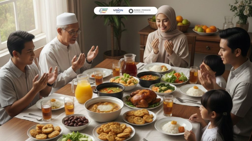 meja makan keluarga dengan hidangan menu buka puasa sederhana yang sehat dan lezat.