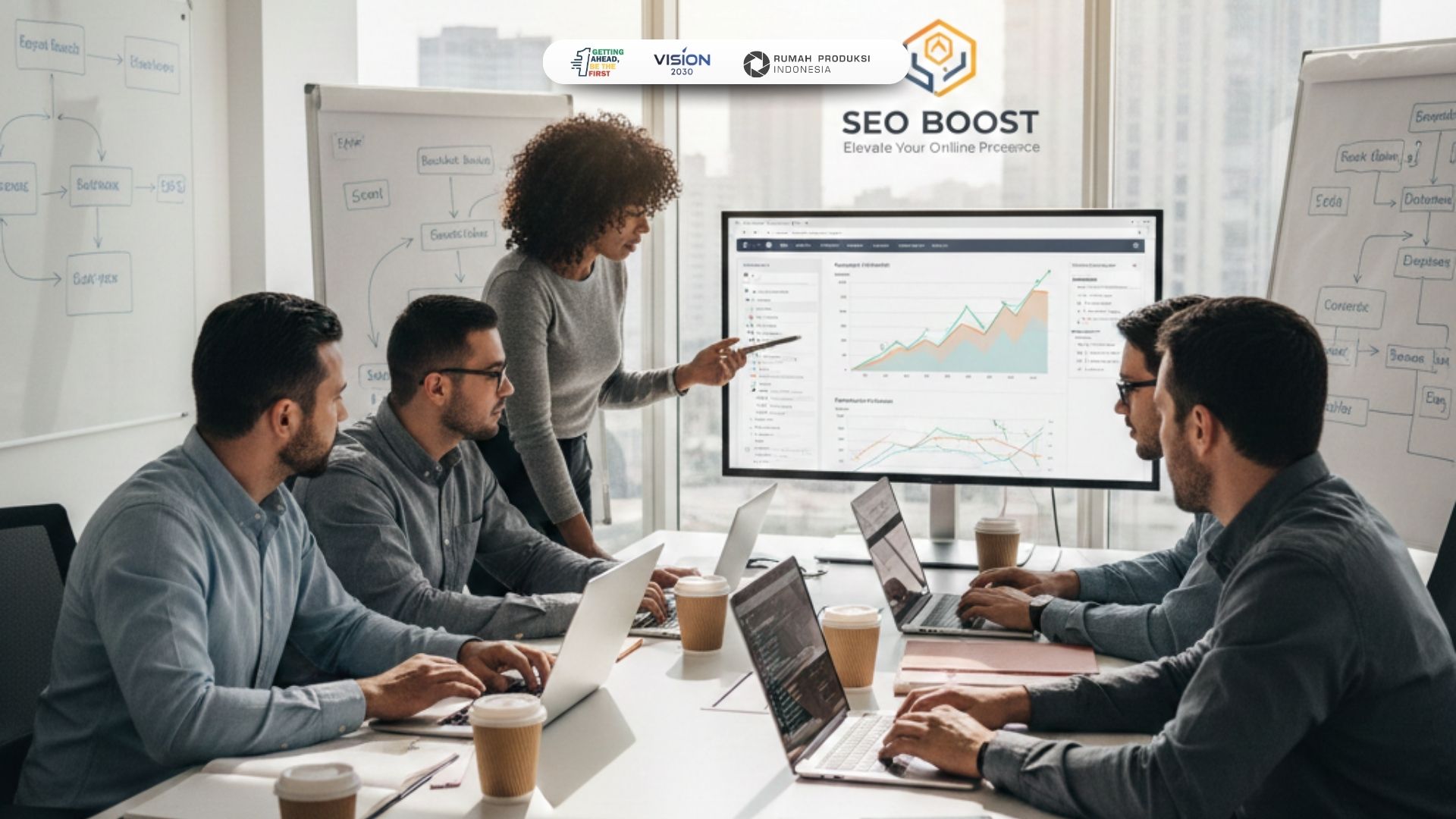 Tim layanan SEO profesional sedang melakukan optimasi website untuk meningkatkan traffic organik