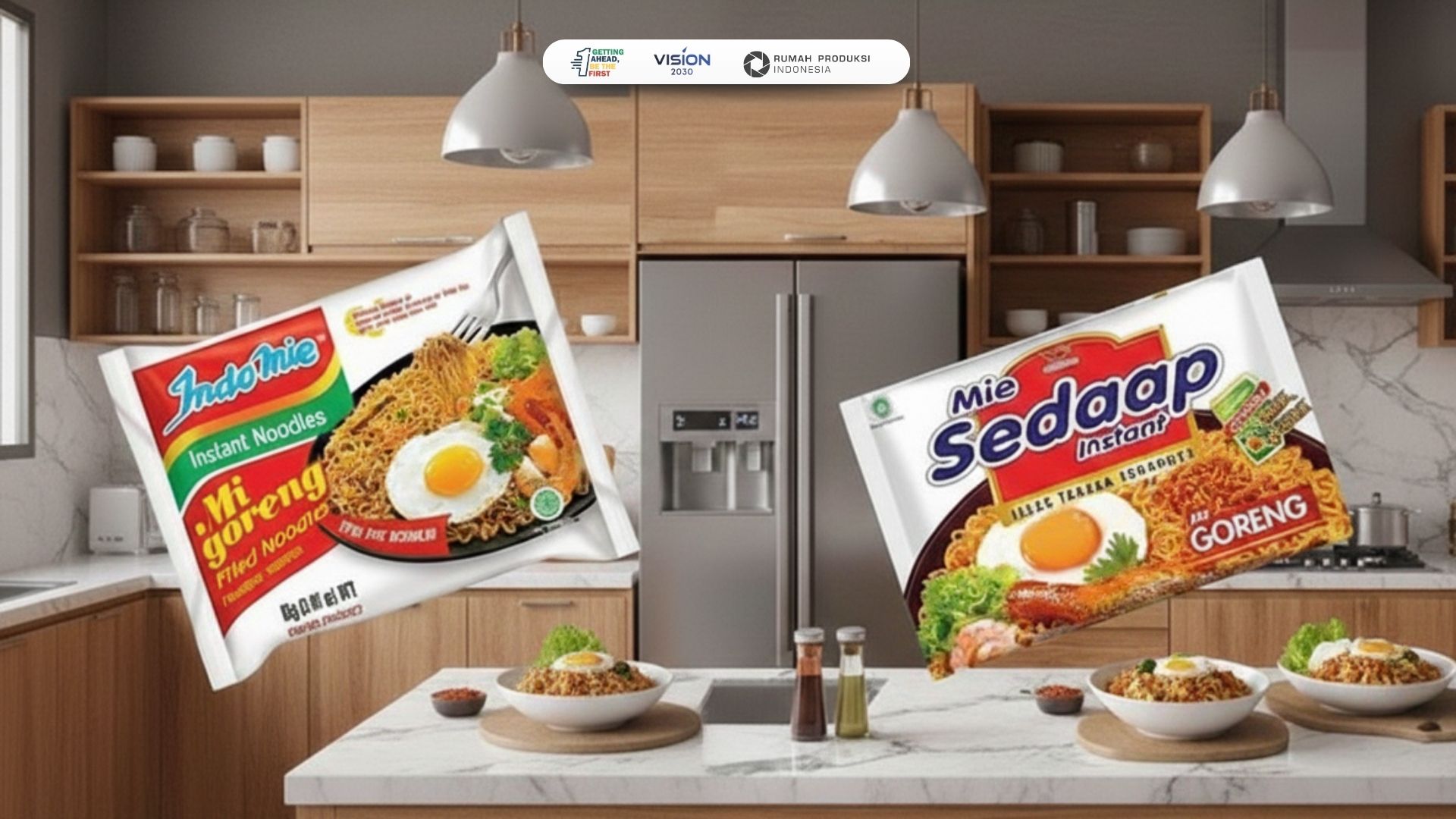 Visual perbandingan elemen branding Mie Sedaap dan Indomie yang ikonik di pasar Indonesia.