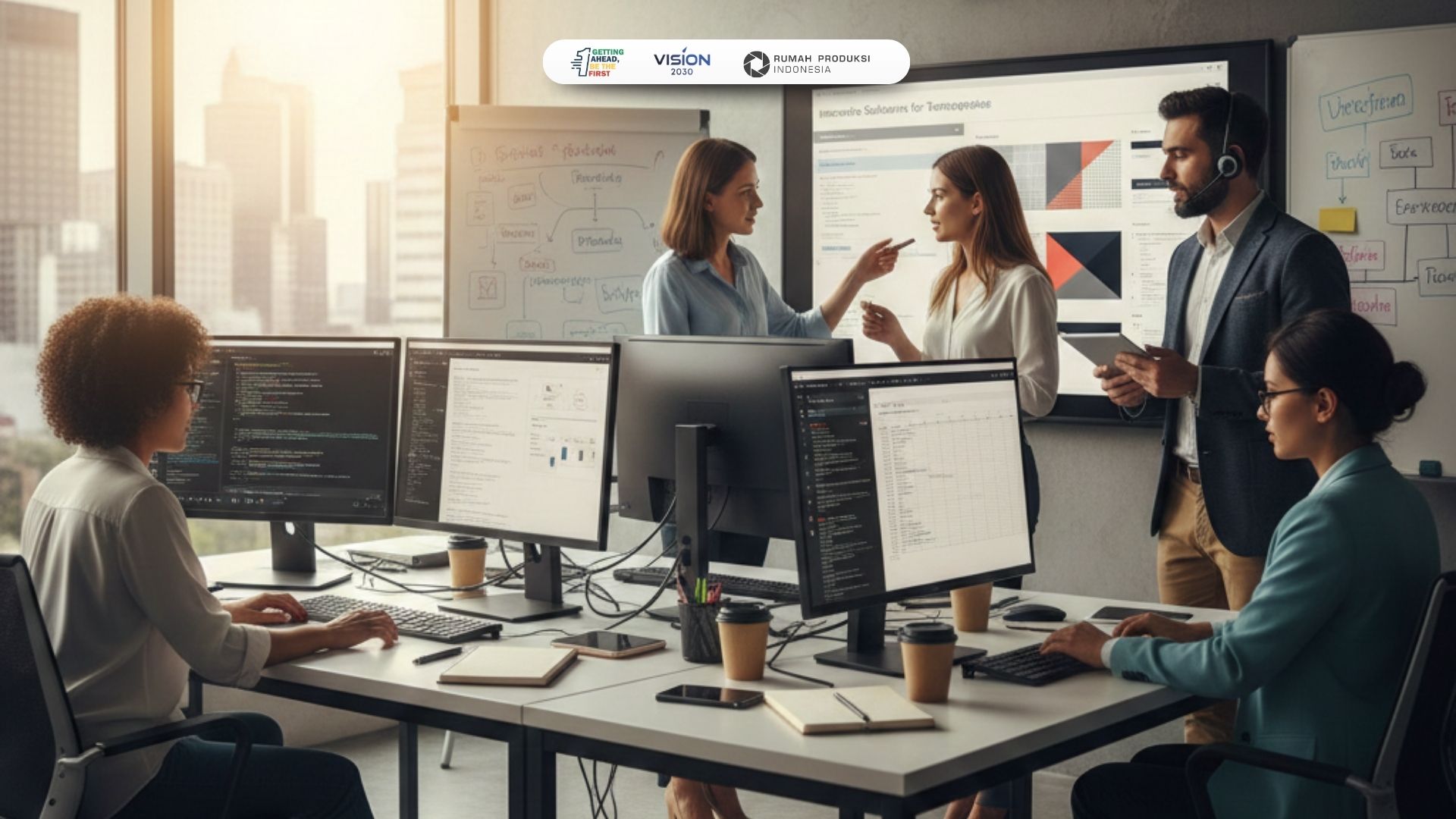 Tim ahli sedang mengerjakan jasa pembuatan website profesional untuk klien korporat.