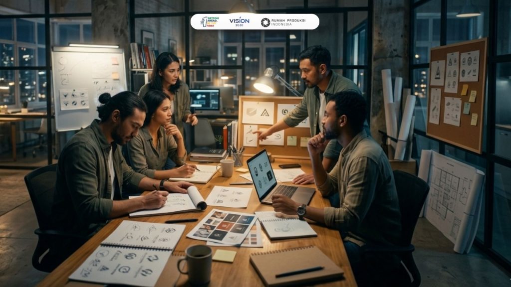 tim agensi digital kreatif sedang membuat konsep desain branding