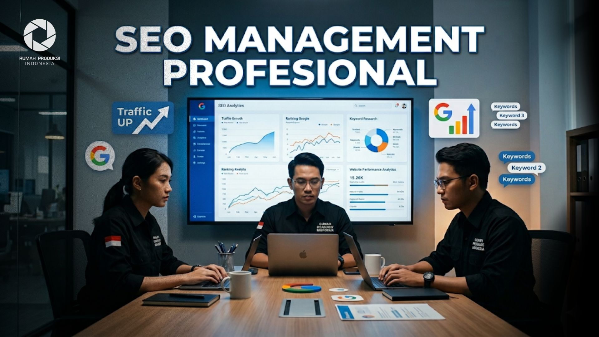 Tim digital marketing Rumah Produksi Indonesia sedang melakukan SEO Management untuk meningkatkan ranking website bisnis
