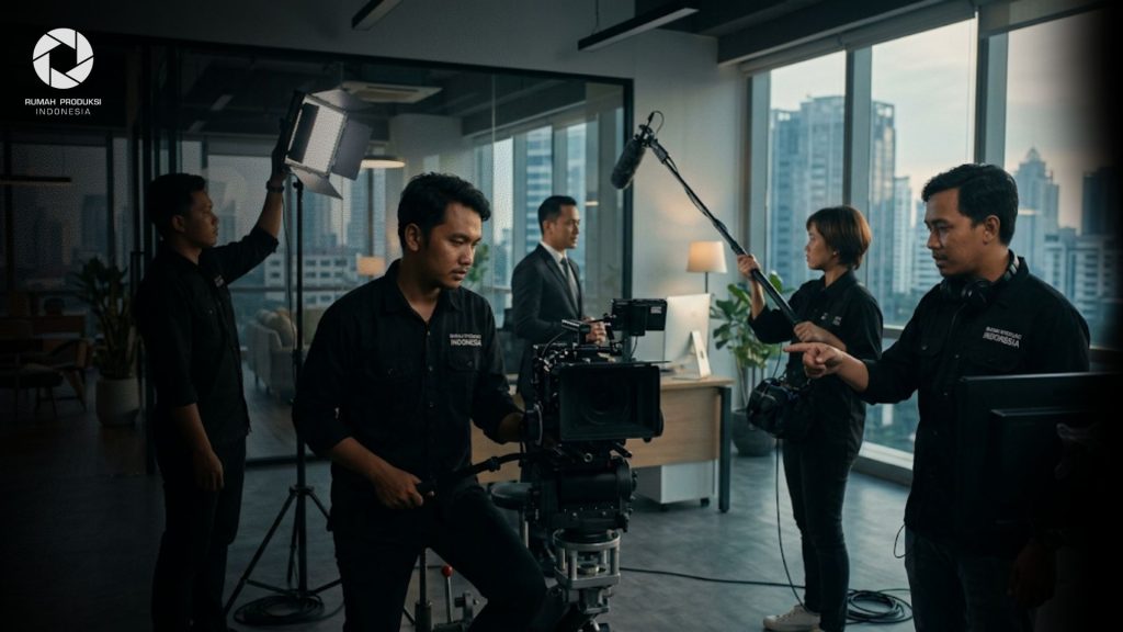Tim profesional sedang melakukan proses produksi video company profile perusahaan modern untuk menarik perhatian investor