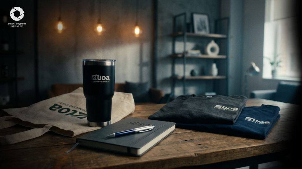 Berbagai merchandise promosi seperti tumbler, tote bag, pulpen, notebook, dan kaos dengan logo perusahaan untuk kebutuhan branding bisnis.