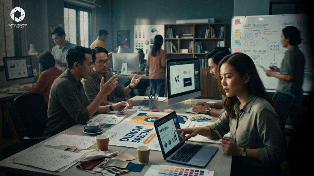 Tim kreatif sedang membuat desain banner promosi profesional untuk meningkatkan daya tarik pelanggan dan penjualan bisnis.