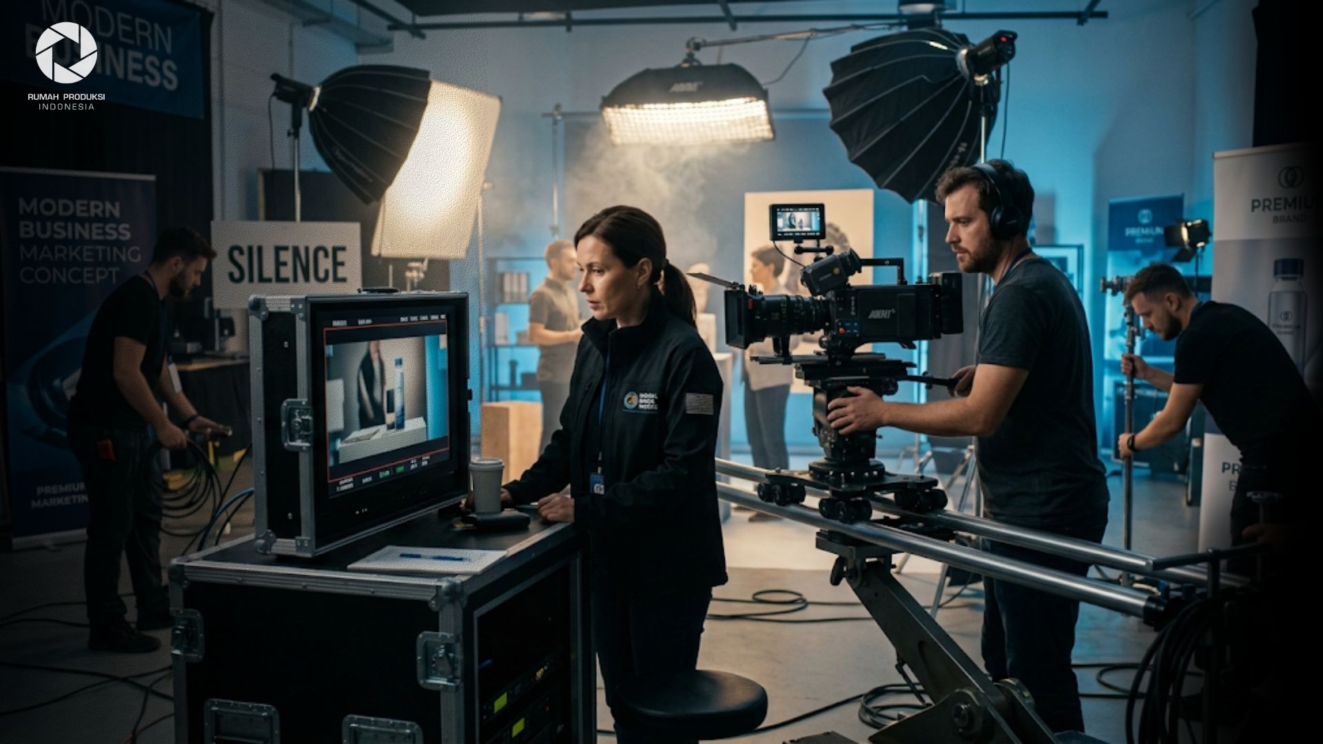 Tim production house profesional sedang melakukan proses produksi video komersial untuk kebutuhan branding dan pemasaran bisnis.