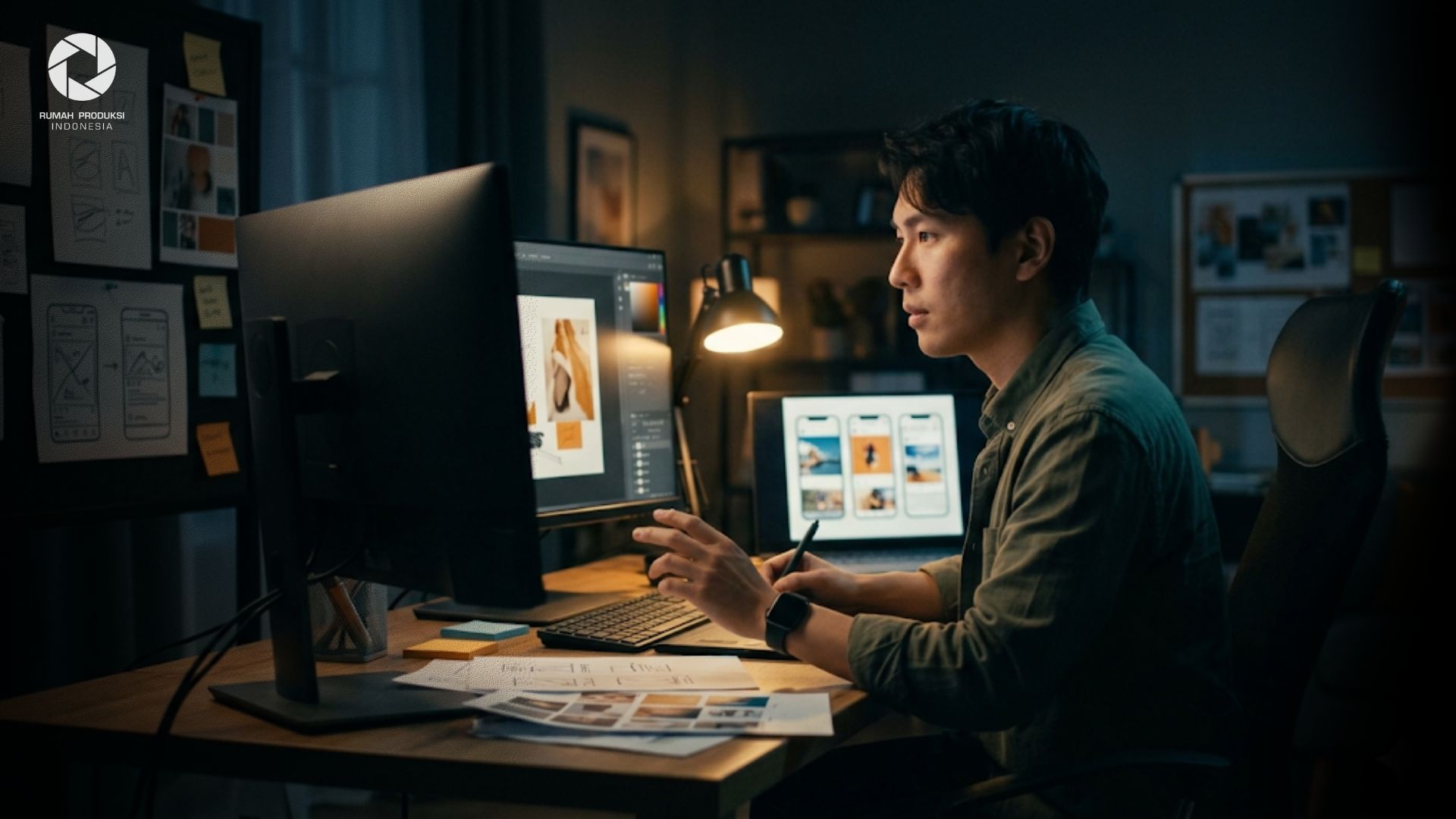 Desainer digital membuat konten gambar di media sosial untuk meningkatkan branding dan engagement bisnis