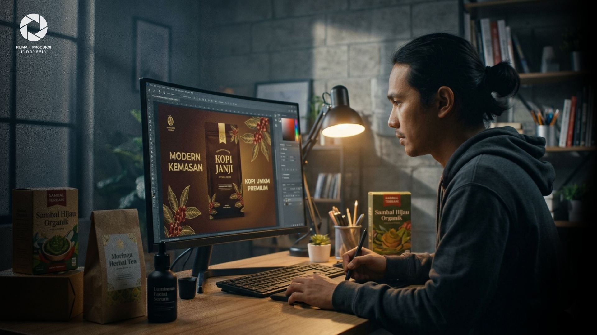Tim profesional sedang merancang desain kemasan produk UMKM yang modern, menarik, dan siap meningkatkan penjualan serta branding bisnis.