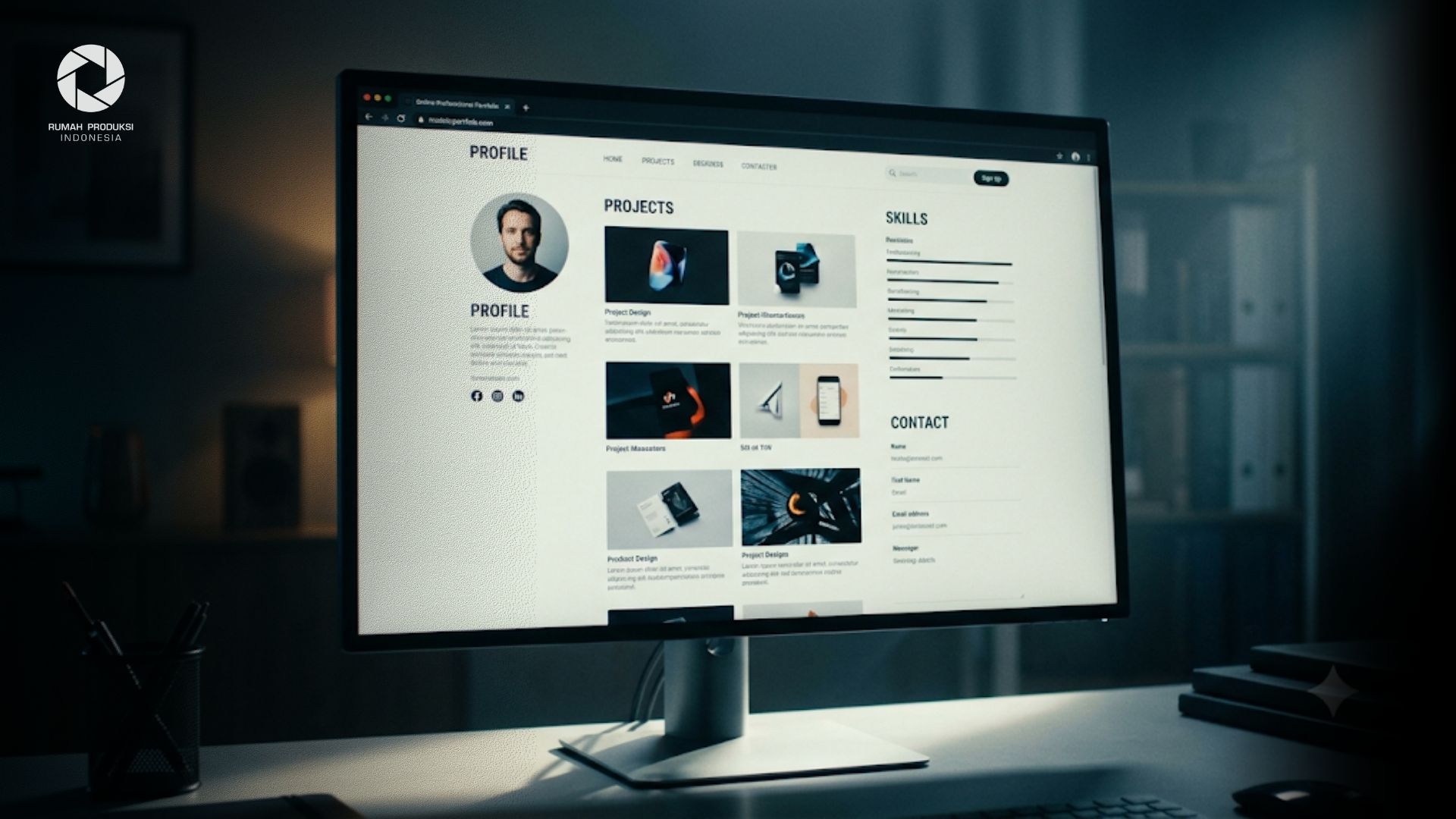 Contoh portofolio online profesional dengan desain modern yang menampilkan profil, proyek, keahlian, dan kontak dalam satu halaman website.