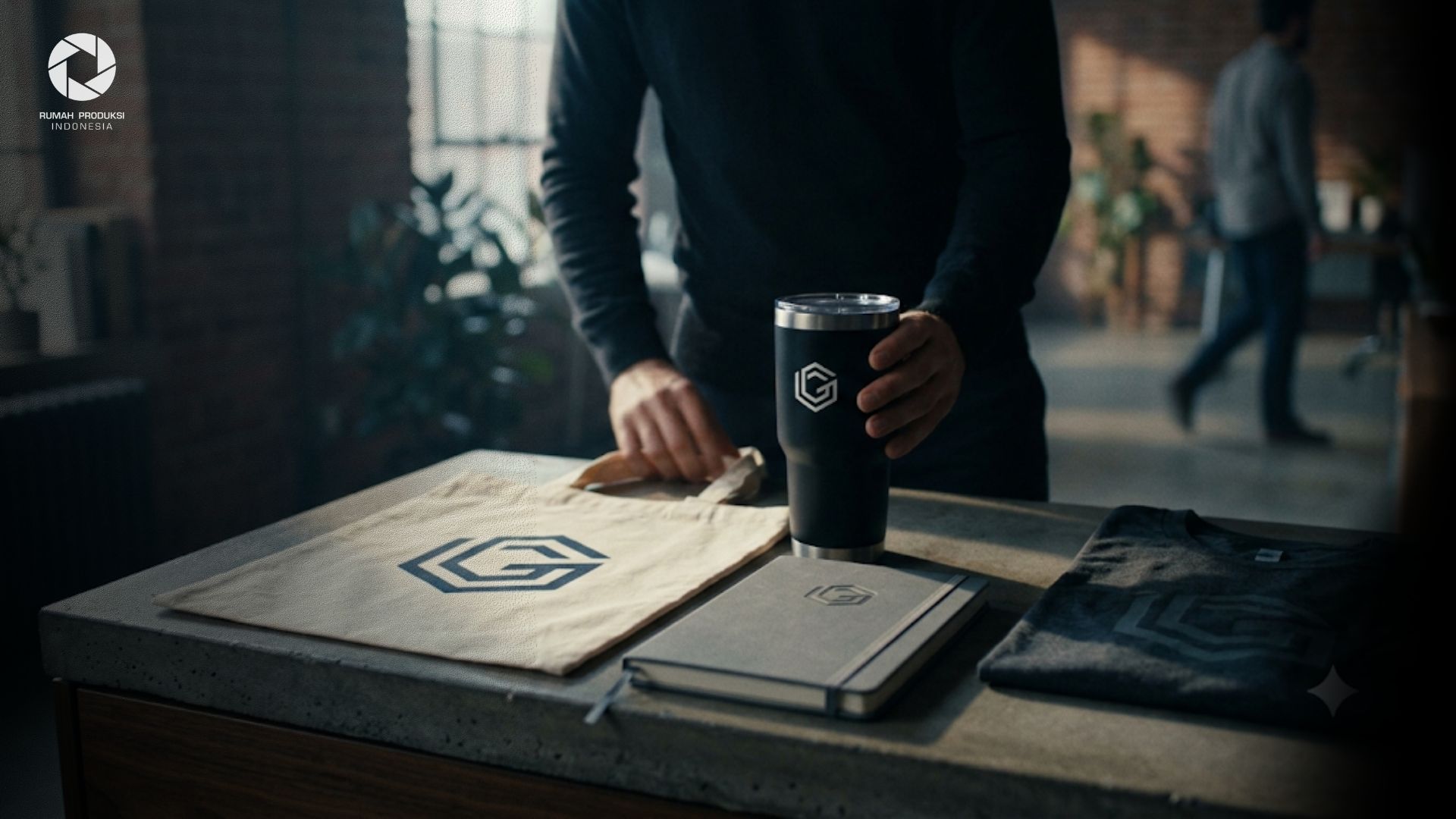 Koleksi merchandise perusahaan dengan desain merchandise modern berupa tumbler, tote bag, notebook, dan kaos berlogo perusahaan.