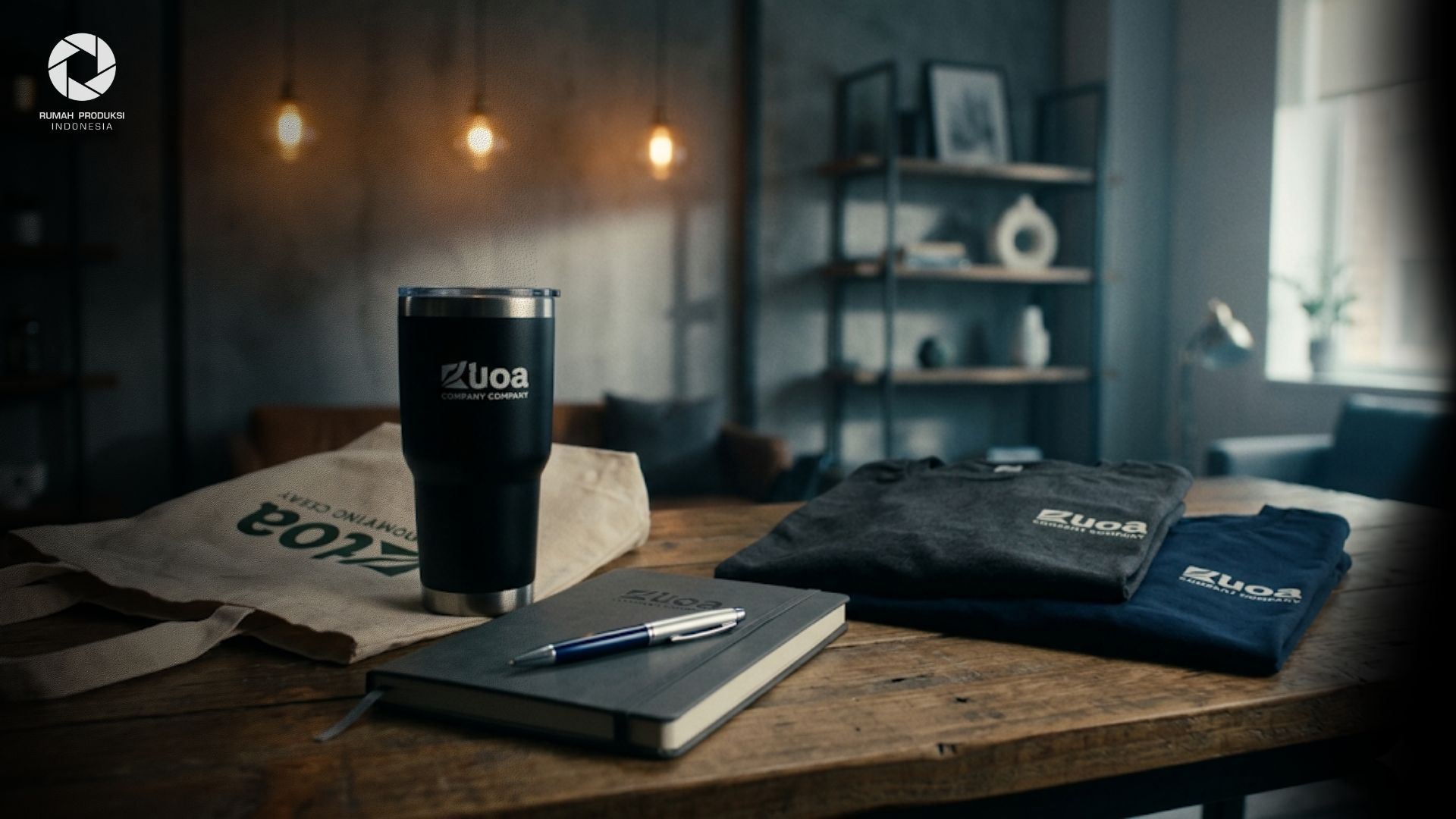 Berbagai merchandise promosi seperti tumbler, tote bag, pulpen, notebook, dan kaos dengan logo perusahaan untuk kebutuhan branding bisnis.