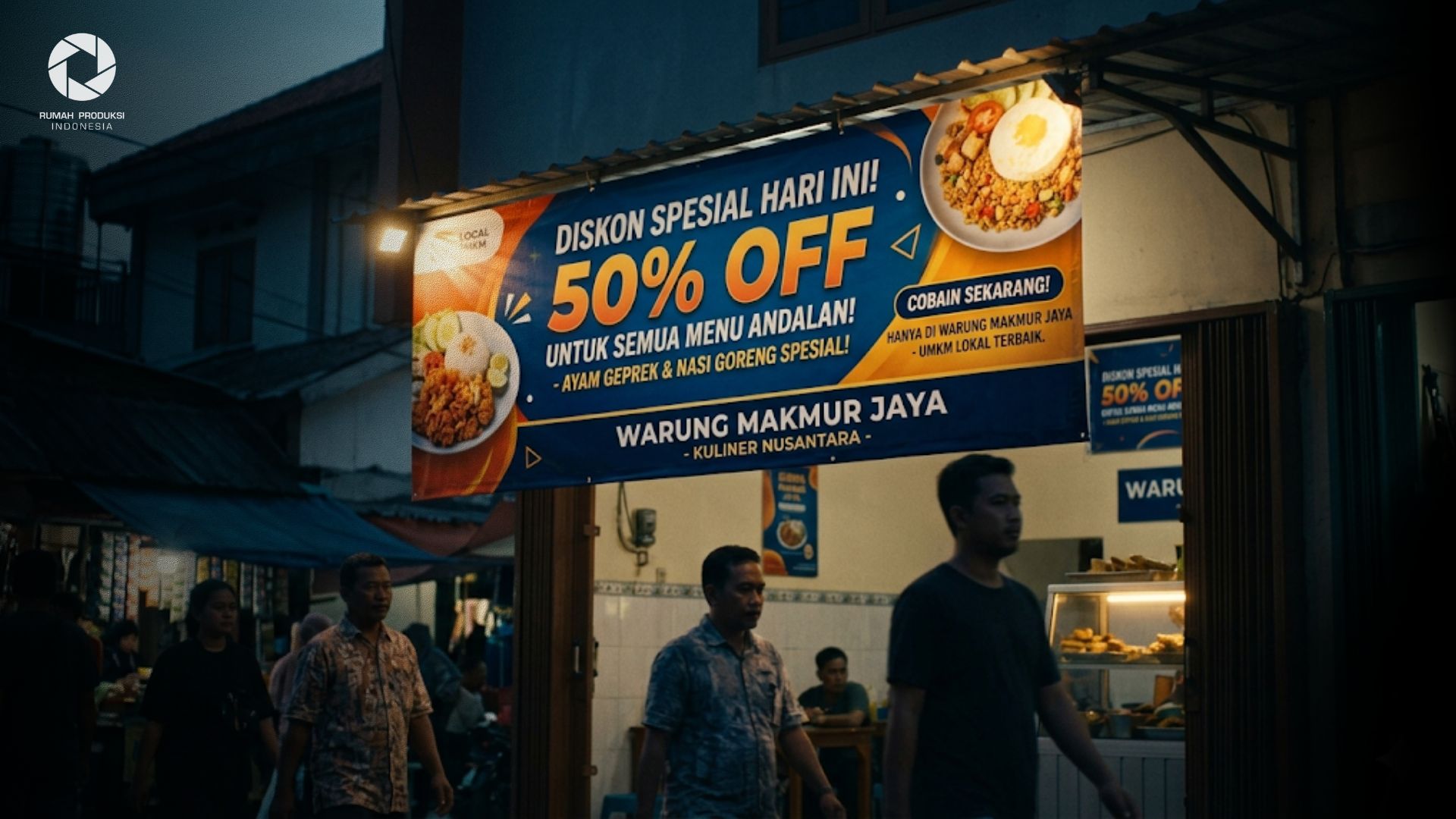 Contoh banner promosi menarik untuk toko dan UMKM dengan desain profesional, warna mencolok, dan informasi penawaran yang jelas.
