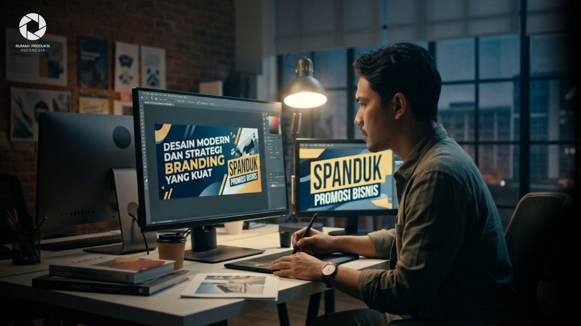 Desainer grafis profesional membuat banner dan spanduk promosi bisnis dengan desain modern dan strategi branding yang kuat.