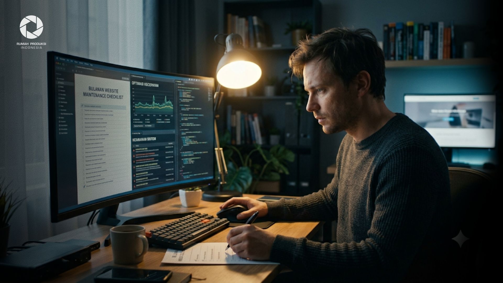 Seorang web developer profesional sedang melakukan checklist maintenance website bulanan untuk optimasi kecepatan dan keamanan sistem.