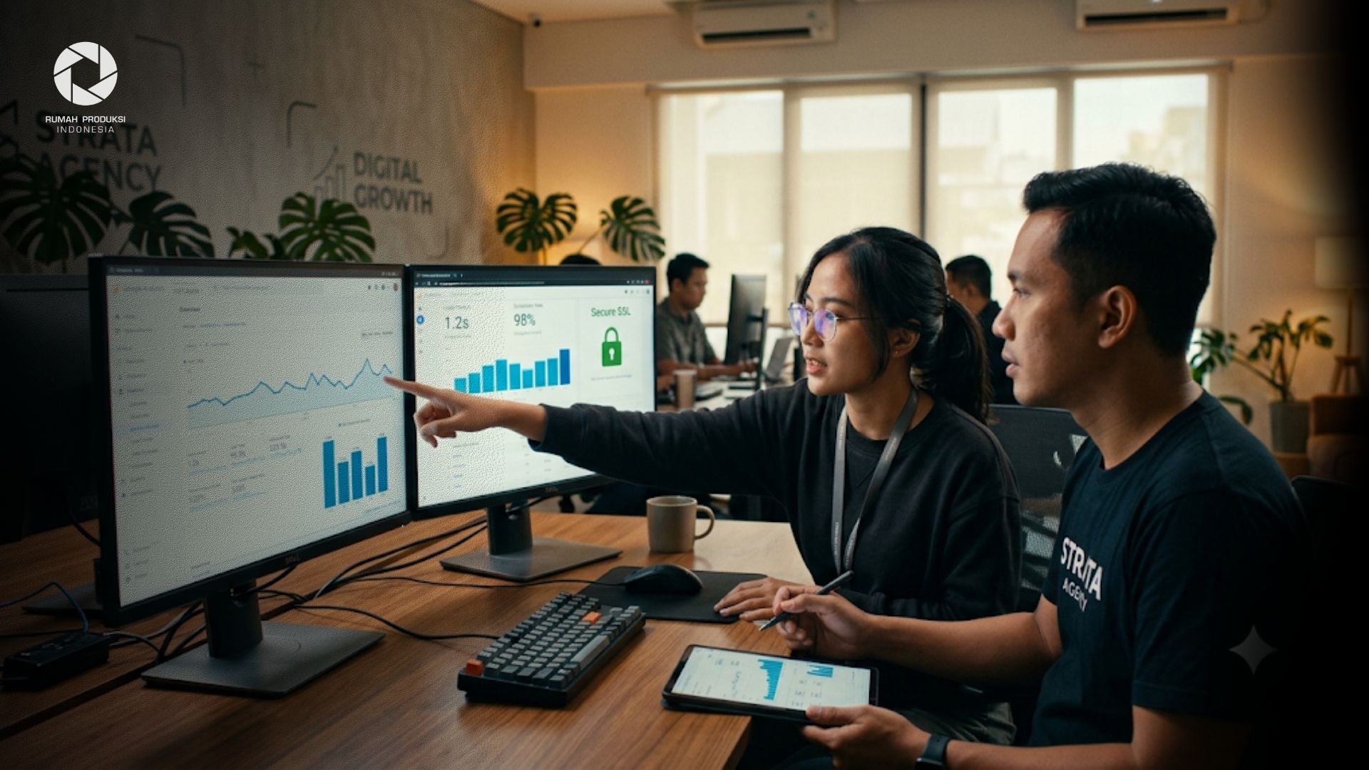 tim pengembang web sedang melakukan pemeliharaan server dan optimasi performa keamanan website perusahaan.