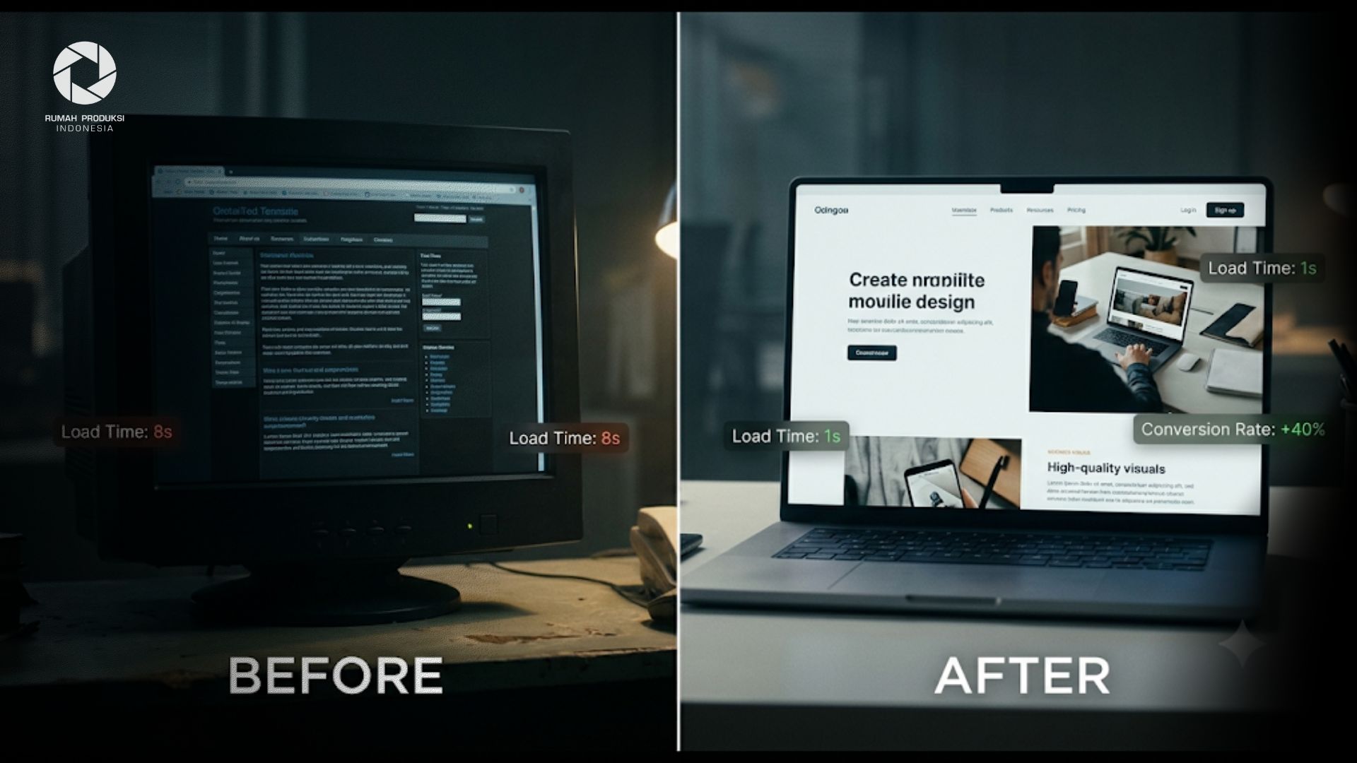 Perbandingan before vs after redesign website modern yang menunjukkan peningkatan tampilan, performa, UX, dan konversi bisnis.