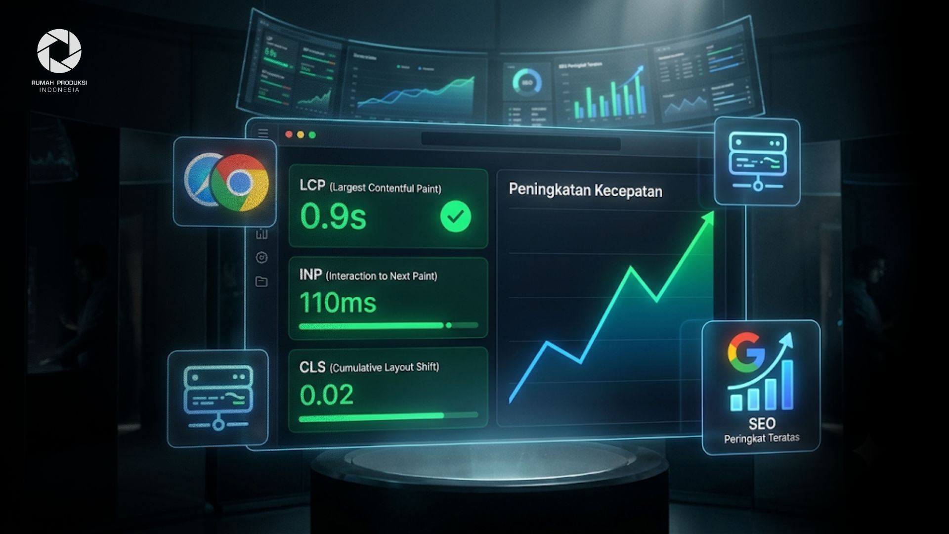 dashboard Core Web Vitals yang menampilkan metrik LCP, INP, CLS, dan proses cek kecepatan website.
