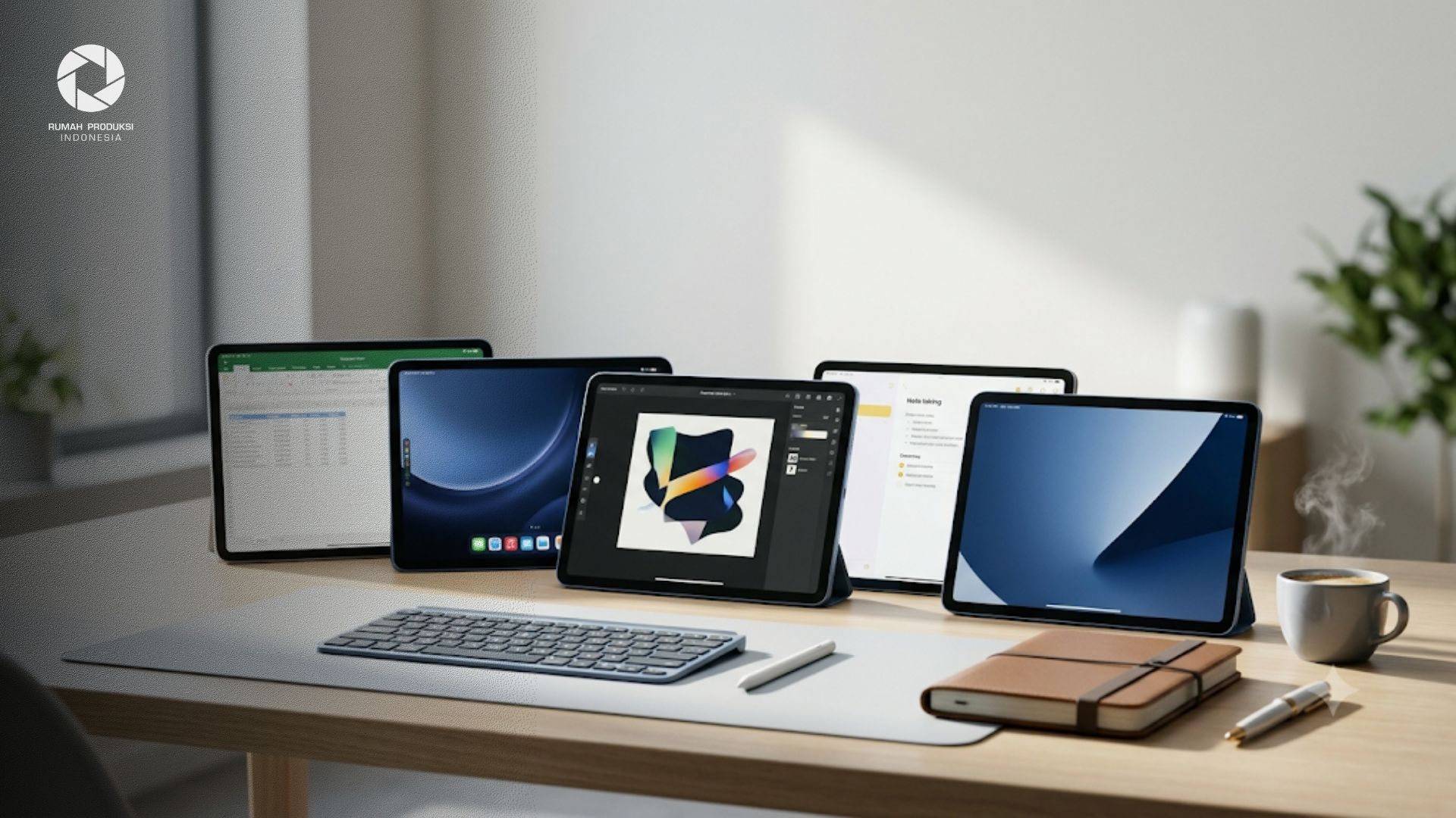 lima tablet terbaik untuk kerja dan belajar dengan desain modern, stylus, keyboard, dan tampilan produktivitas.