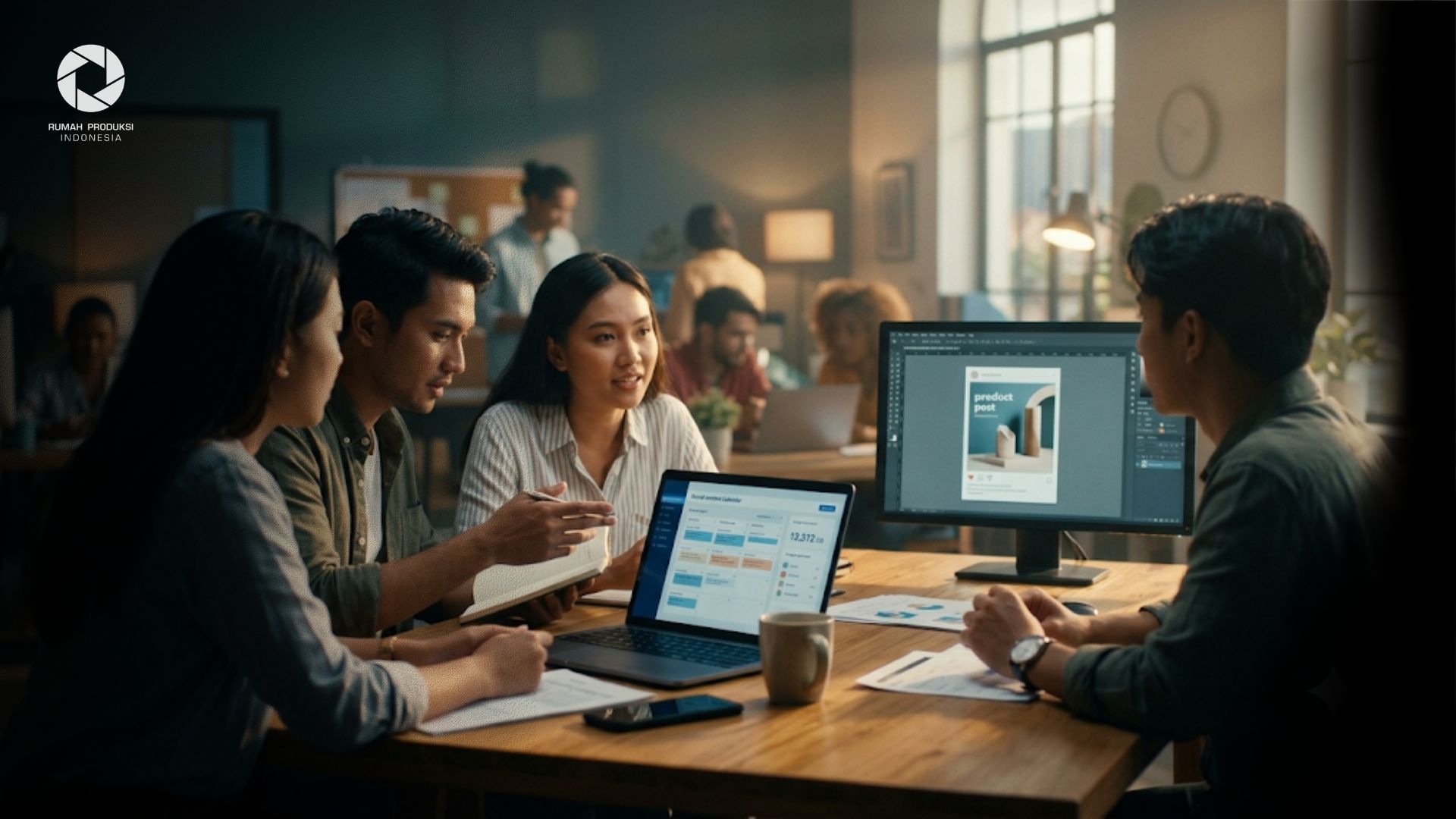 Tim UMKM sedang mengelola media sosial menggunakan strategi konten untuk meningkatkan penjualan dan branding bisnis.