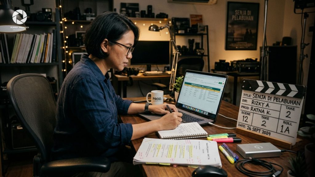 Seorang produser sedang melakukan breakdown naskah film pendek menggunakan laptop dan papan klapper di meja kerja.