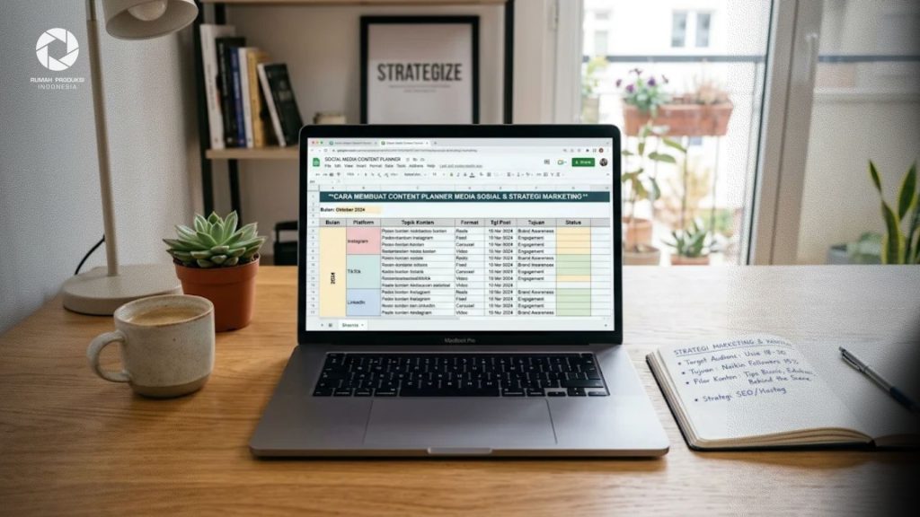 Tampilan laptop yang membuka template cara membuat content planner media sosial dengan catatan strategi marketing di atas meja kerja rapi.