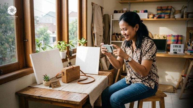 Seorang pebisnis UMKM sedang mempraktikkan cara foto produk sendiri dengan hp menggunakan pencahayaan alami di dekat jendela