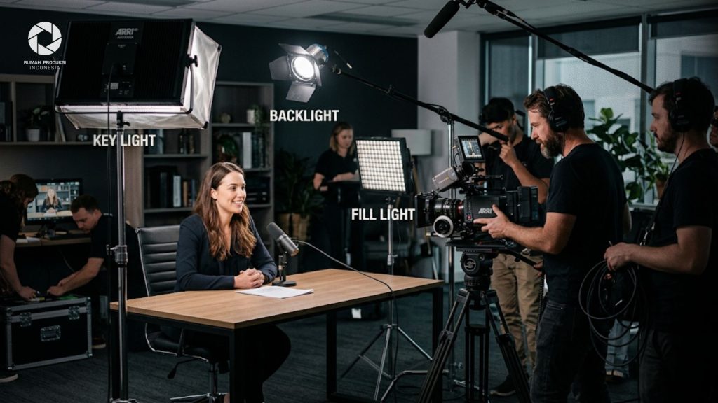 Penataan lampu lighting 3 point pada lokasi syuting video profesional bersama kru kamera