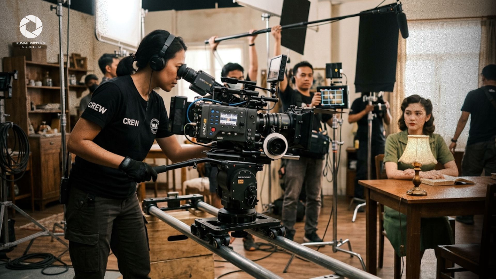 Juru kamera mengatur komposisi framing rule of thirds film di set pembuatan film.
