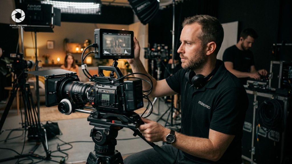 Videografer profesional sedang memantau layar kamera dengan tampilan color profile log yang flat di studio produksi.