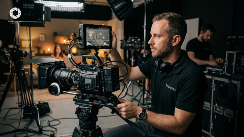 Videografer profesional sedang memantau layar kamera dengan tampilan color profile log yang flat di studio produksi.