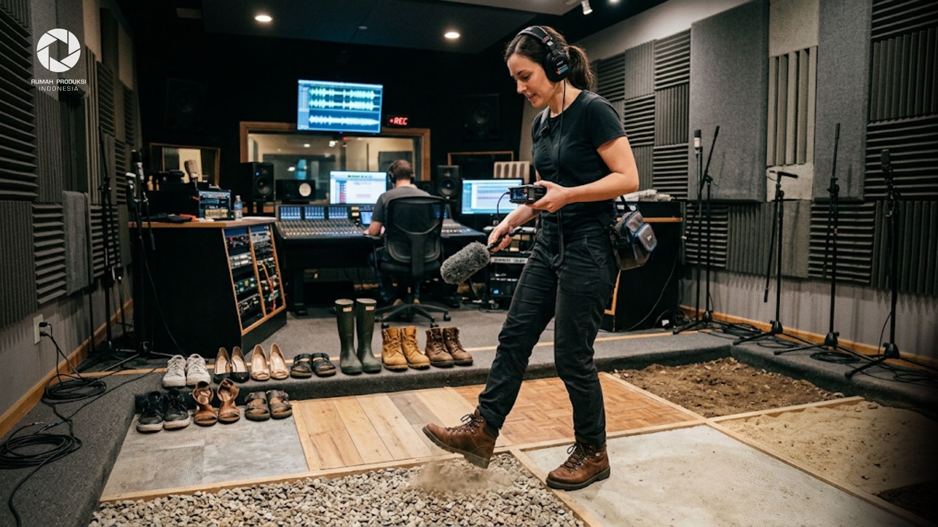 Foley artist sedang merekam efek suara langkah kaki menggunakan berbagai jenis sepatu di studio audio profesional.