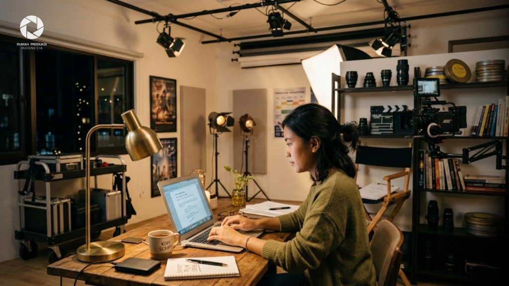 Seseorang sedang mengetik naskah skenario film pendek di laptop dengan latar lampu hangat.