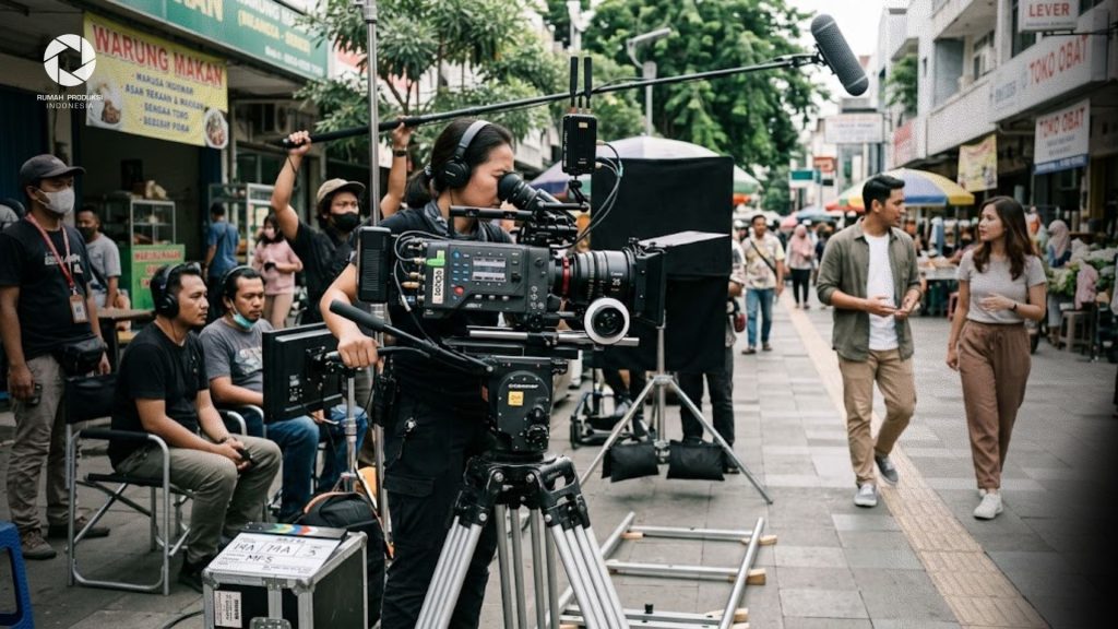Kamera film profesional sedang merekam adegan dengan teknik shot size film di lokasi syuting