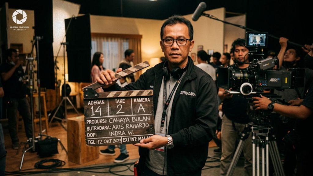 Sutradara memegang clapper board kayu dengan tulisan skenario di set syuting film